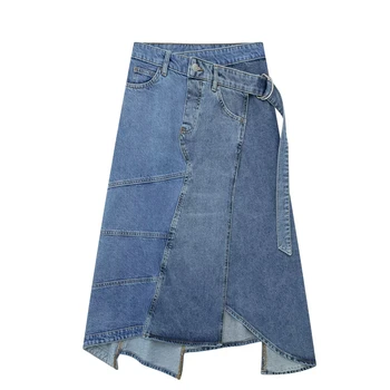 2023 Женская летняя новая темпераментная повседневная модная асимметричная джинсовая юбка с высокой талией, трапециевидная юбка с поясом, тонкая юбка-полукомбинезон