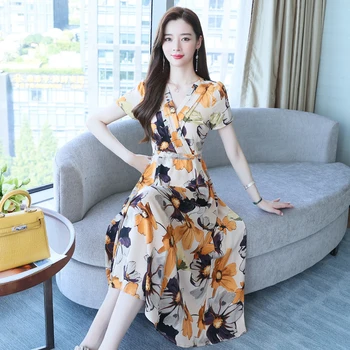 Модная корейская версия 2023, Летнее Женское платье среднего возраста с V-образным вырезом и принтом, Хит продаж, Женская одежда с коротким рукавом, одежда T391