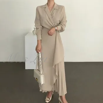 Весеннее женское Плиссированное платье с V-образным вырезом и асимметричной талией, Элегантное Платье с нерегулярным подолом, Платье с длинной юбкой для женщин
