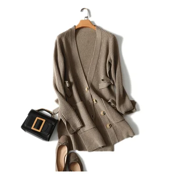 masigoch зимнее вязаное пальто в рубчик с глубоким v-образным вырезом, модная верхняя одежда класса люкс из 100% кашемира, кардиган с бантом, пальто