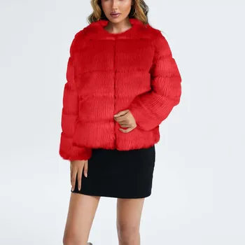Зимнее толстое теплое пальто из искусственного меха для женщин, однотонный круглый вырез, длинный рукав, застежка-молния, Модная Элегантная зимняя теплая верхняя одежда