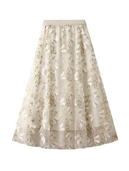 Женская двухслойная кружевная сетчатая юбка Трапециевидной формы с вышивкой бабочкой, Плиссированная юбка-пачка Миди с высокой талией