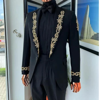 Итальянские костюмы для мужчин с вышивкой на отвороте, приталенный пиджак из 2 предметов, Брюки, Смокинг для жениха, официальная свадебная мужская модная одежда
