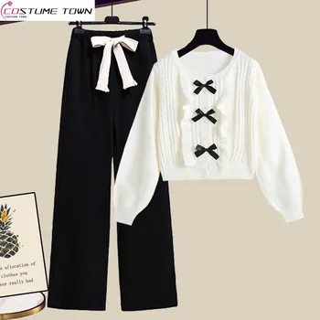 Весенне-осенний женский костюм 2023, Новая корейская версия вязаного свитера для похудения, широкие брюки, комплект из двух предметов