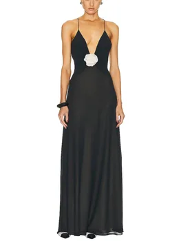 Женское Элегантное платье Макси без рукавов с V-образным вырезом и цветочным рисунком, с вырезом на спине - Стильный однотонный облегающий сарафан для сексуальной и стройной фигуры