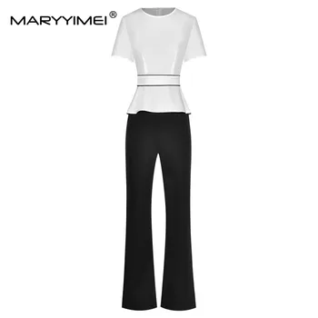 Модный летний костюм MARYYIMEI, женская рубашка с короткими рукавами, топ + брюки, элегантный комплект из двух предметов для пригородных поездок