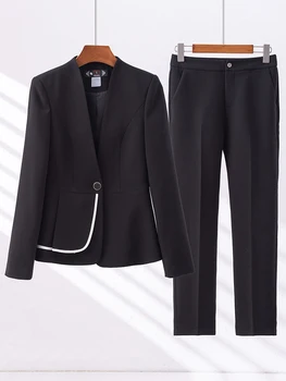 Женский брючный костюм Черного абрикосового цвета, женский официальный блейзер с V-образным вырезом, куртка и брюки, женская деловая рабочая одежда, комплект из 2 предметов