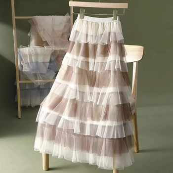 Лоскутная гофрированная юбка из тюля с оборками, женская весенне-летняя модная эластичная юбка с высокой талией для свадебной танцевальной вечеринки, длинные юбки