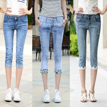 Женские джинсовые брюки-капри, Летние Короткие брюки с высокой талией, уличная одежда, стрейчевые джинсовые брюки-карандаш длиной до икр