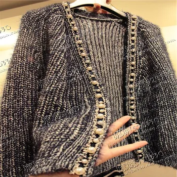 Кардиган из тяжелого промышленного жемчуга, расшитый бисером, женский Маленький ароматный мохеровый толстый свитер