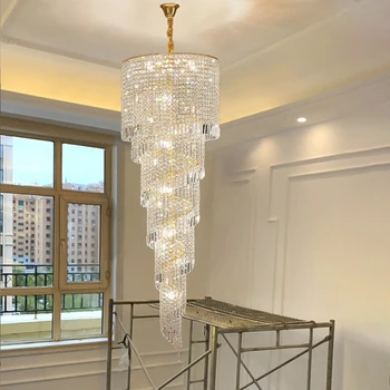 роскошная лестничная люстра с золотым домашним декором, хрустальная лампа, спиральный дизайн, прихожая, вестибюль, длинный подвесной светильник