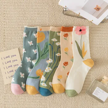 Женские носки с цветочным принтом, Корейская мода, ретро, винтажные Длинные носки в стиле Харадзюку, Женские носки в Японском стиле для девочек, милые носки в стиле Лолиты Каваи