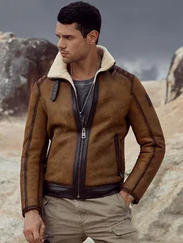 Новая дубленка, мужская куртка-бомбер B3, коричневое пальто из овчины, мотоциклетные кожаные парки, короткая меховая верхняя одежда