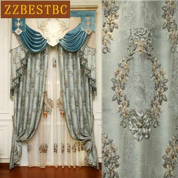 Синий топ европейской королевской роскоши 4D жаккардовые затемняющие шторы для гостиной, оконная занавеска для спальни, Элегантная гостиничная драпировка