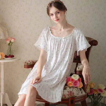 Винтажное хлопковое ночное платье с цветочным Рисунком, Сексуальная Женская ночная рубашка с круглым вырезом, Халат Принцессы с оборками, Пижамы, Романтическая ночная рубашка