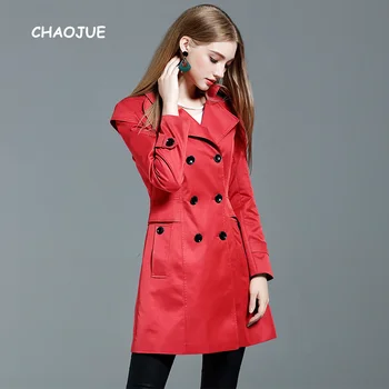 Тренчкот средней длины, Женское европейское элегантное двубортное красное женское приталенное пальто цвета Хаки, Бесплатная доставка