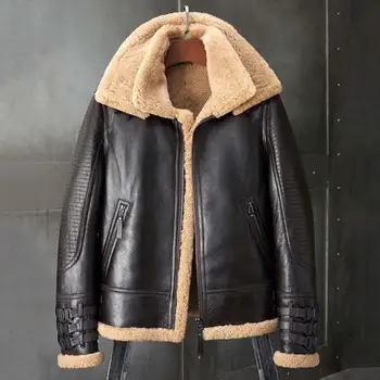 Новая дубленка, мужская куртка-бомбер B3, Короткое меховое Пальто, Коричневая Кожаная куртка, Мотоциклетная куртка, пальто из натуральной овчины