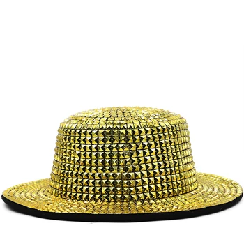 Новый мужской цилиндр с широкими полями, Фетровая шляпа для женщин, Дизайнерская фетровая шляпа с золотыми заклепками, Джазовые цилиндры, Свадебная церемония, Элегантная кепка