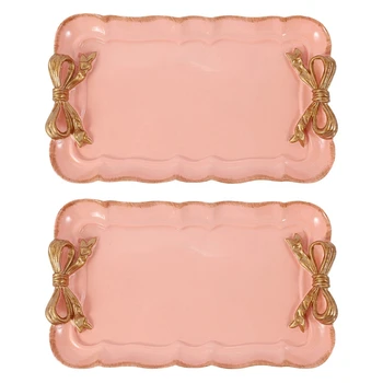 2 Лотка для хранения тортов в европейском стиле с бантом, Органайзер для Макияжа, Десертная тарелка, Квадратный Поднос для декора, Кухонные подносы 12x20 см, Розовый