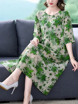 Зеленое повседневное летнее атласное шелковое платье миди с цветочным рисунком, женское платье 2023, новое элегантное платье с круглым вырезом в стиле бохо, винтажные мини-платья для вечеринок для