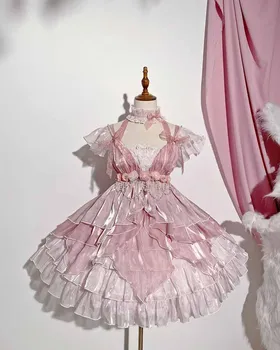 Розовое платье в стиле Лолиты, Женское Летнее платье в стиле JSK Lolita Без рукавов, Милое платье в стиле Лолиты с высоким воротом, платье для вечеринки в честь Дня рождения для молодых девушек