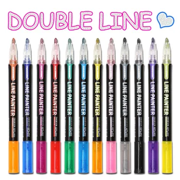 8 12-цветная блестящая двухстрочная контурная ручка, цветной маркер для студентов с флуоресцентным набором, двойная серебряная светящаяся ручка для счета