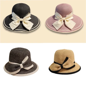 Новые модные соломенные кепки с большими полями и бантом, Уличная женская Панама, Летняя дорожная шляпа-ведро, Солнцезащитная пляжная кепка