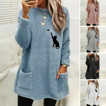 Модный женский пуловер с круглым вырезом и Длинными рукавами и карманами, повседневная зимняя толстовка Свободного кроя с вышивкой в виде кота, флисовый пуловер, блузка