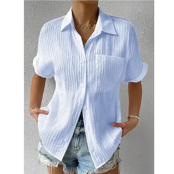 Женская модная офисная женская блузка в стиле Харадзюку, Повседневные футболки с карманами, Топы 2023 года, Винтажные блузы, Летняя деловая рубашка с короткими рукавами
