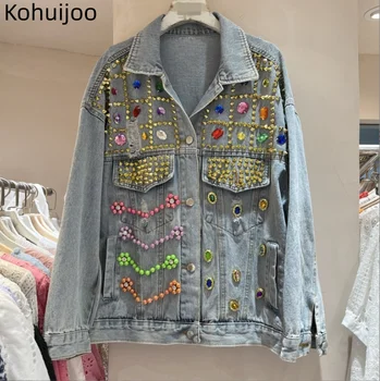 Kohuijoo 2023 Демисезонный Женский Джинсовый Жакет, Модный Дизайн, Тяжелые Разноцветные джинсовые женские пальто Свободного кроя с бриллиантами, Длинный рукав