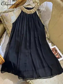Французское Сексуальное Черное Женское платье на бретелях 2023, Летнее Новое шифоновое вечернее платье без рукавов с бриллиантами, расшитое вручную бисером