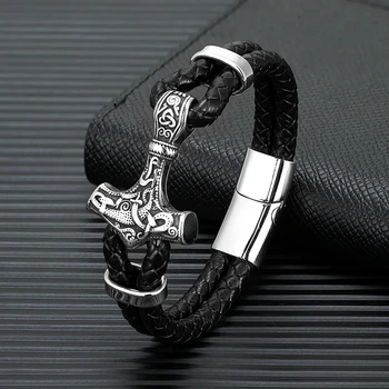 MKENDN панк мужской браслет из натуральной кожи в стиле викингов, плетеный многослойный браслет из нержавеющей стали, норвежский молот Тора, браслеты Мьельнир