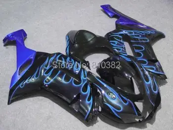 Изготовленный на заказ комплект мотоциклетных обтекателей для KAWASAKI Ninja ZX6R 07 08 ZX6R 636 2007 2008 Blue flames черный ABS комплект обтекателей + 7 подарков SC119