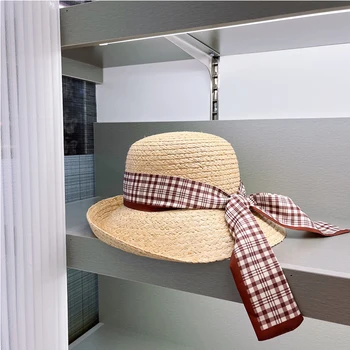 Летняя женская шляпа с широкими полями, Соломенная шляпа в клетку с плоским верхом, Пляжная шляпа, защита от солнца, Джазовая шляпа, Шляпа Дерби в Кентукки