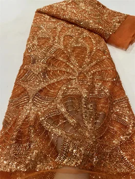 Оранжевая Роскошная Тяжелая кружевная ткань с бисером, Кружева ручной работы, блестки, французская сетчатая тюлевая кружевная ткань для свадебного платья