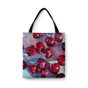 Художественная холщовая сумка с принтом фруктов и вишни, картина маслом, эко-сумка большой емкости, школьная сумка для колледжа, женская сумка для покупок