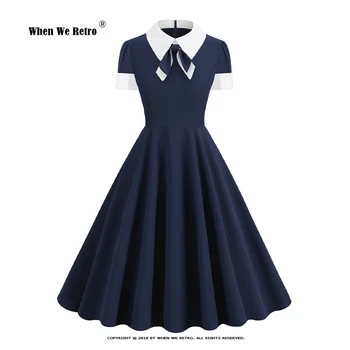 Модное женское винтажное платье с воротником рубашки Контрастного цвета, темно-синее платье с бантом на шее, большие Размеры, Повседневное Офисное платье для свиданий VD3783