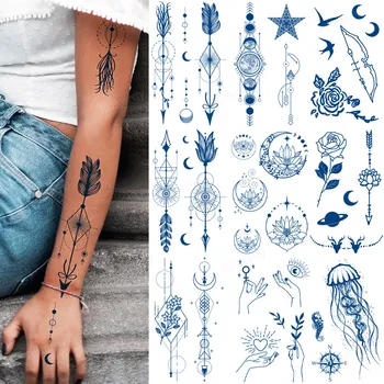 8 шт./лот, поддельная татуировка, наклейка с чернилами, долговечные водонепроницаемые временные татуировки, цветы, перо, роза, птицы, луна, татуировка на рукаве