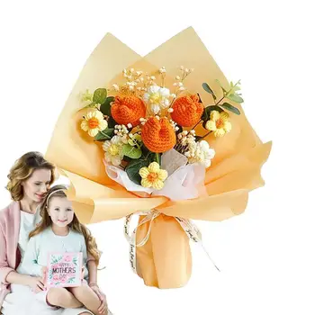 Букет цветов, связанный крючком, Искусственные цветы с вязаными цветами, Сохраненный цветок, Изысканный подарок, Украшение для дома, Вечный дизайн