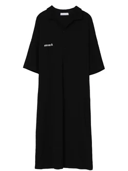 Весенне-осеннее черное платье для отдыха, женское платье-поло с коротким рукавом длиной ниже колена
