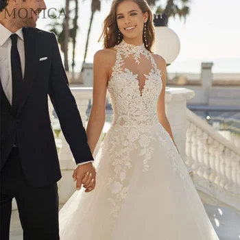 Свадебное платье трапециевидной формы MONICA 2022, Свадебные платья с аппликацией на бретелях, без рукавов, длиной до пола, Придворный шлейф, Vestido De Novia, сшитое на заказ