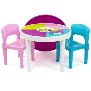 Детский пластиковый стол для занятий 2 в 1 и 2 стула, круглый, белый, синий и розовый, школьный стол и стул