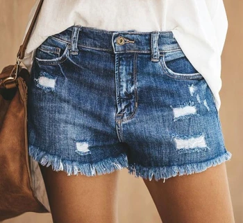 Летние новые прямые брюки Модный тренд Рваные джинсовые шорты с бахромой Женские Джинсы Женская одежда