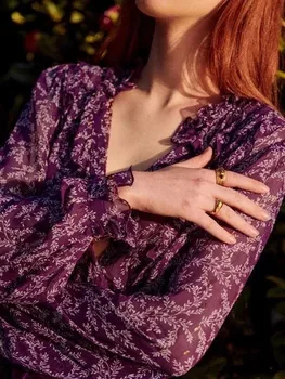 Женская фиолетовая рубашка с цветочным принтом, оборками, V-образным вырезом, Длинным рукавом, Женская Свободная блузка, Весна-лето
