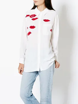 Женская блузка из 100% Шелка с принтом губ с Длинным рукавом, Весна-Лето 2023, Новая Женская Однобортная белая рубашка с отложным воротником, Топы