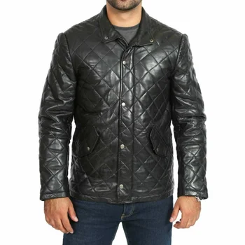 Мужское стильное Стеганое пальто из натуральной кожи из натуральной овечьей кожи, черная байкерская мотокуртка