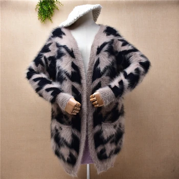 женская осенне-зимняя одежда, толстый теплый норковый кашемировый трикотаж в клетку, свободный кардиган, мантия, пальто из ангорского меха, свитер, топ