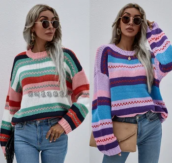 2023 Новый женский радужный многоцветный трикотаж, Пуловер, Женский Свободный свитер, Женский