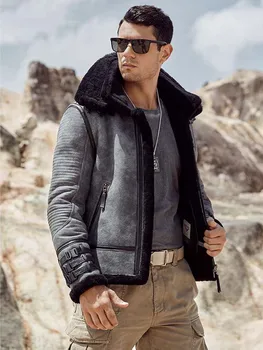 Новая дубленка, мужская куртка-бомбер B3, Короткое меховое Пальто, Серая кожаная куртка, Мотоциклетная куртка, пальто из натуральной овчины