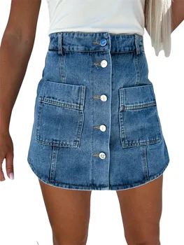 Женские Мини-джинсовые юбки в винтажном стиле С высокой талией, Передний карман, Джинсовые юбки на пуговицах, Шорты, Уличная одежда
